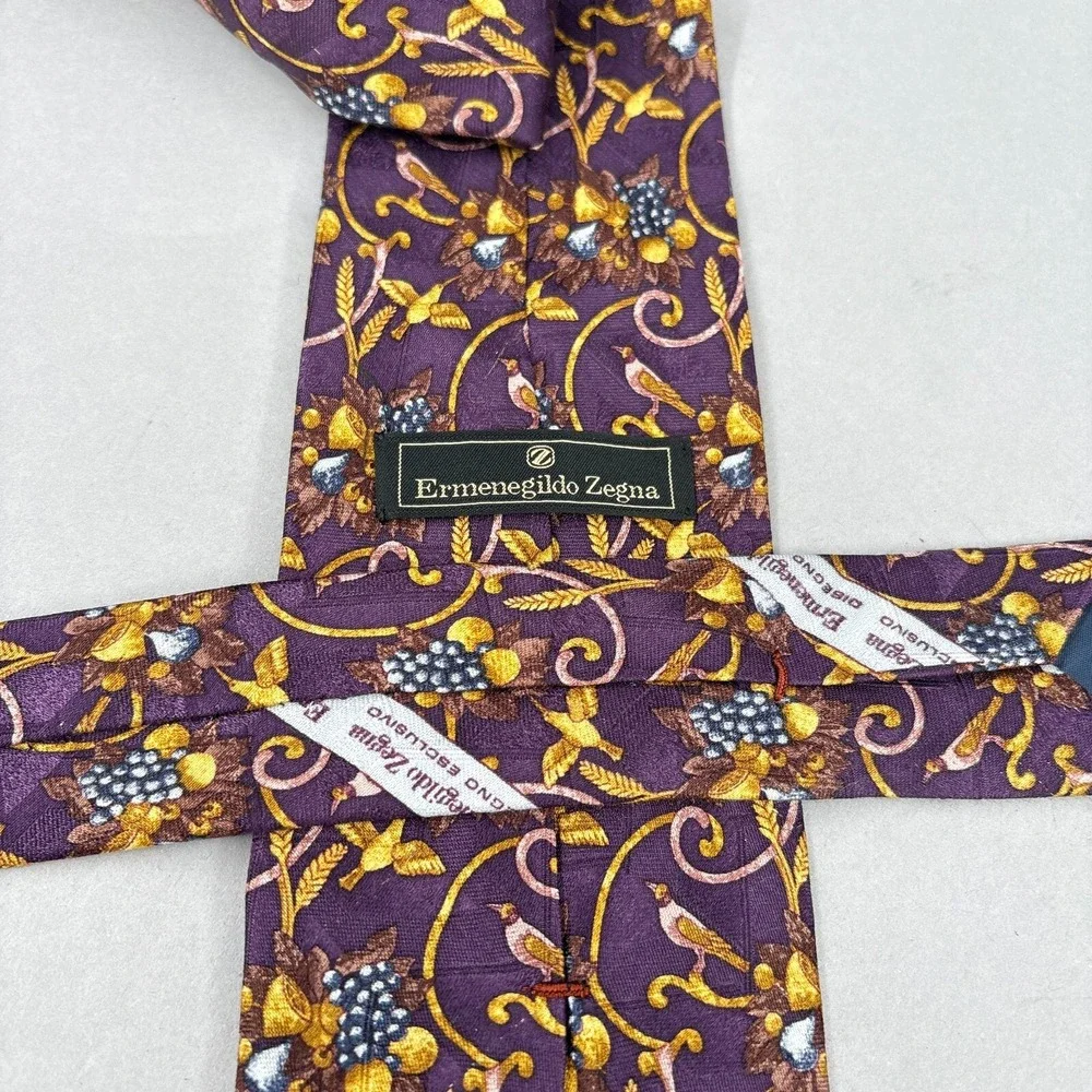 Ermenegildo Zegna Tie Silk‎ Purple Gold Bird Grape Motif Necktie Mens Vintage